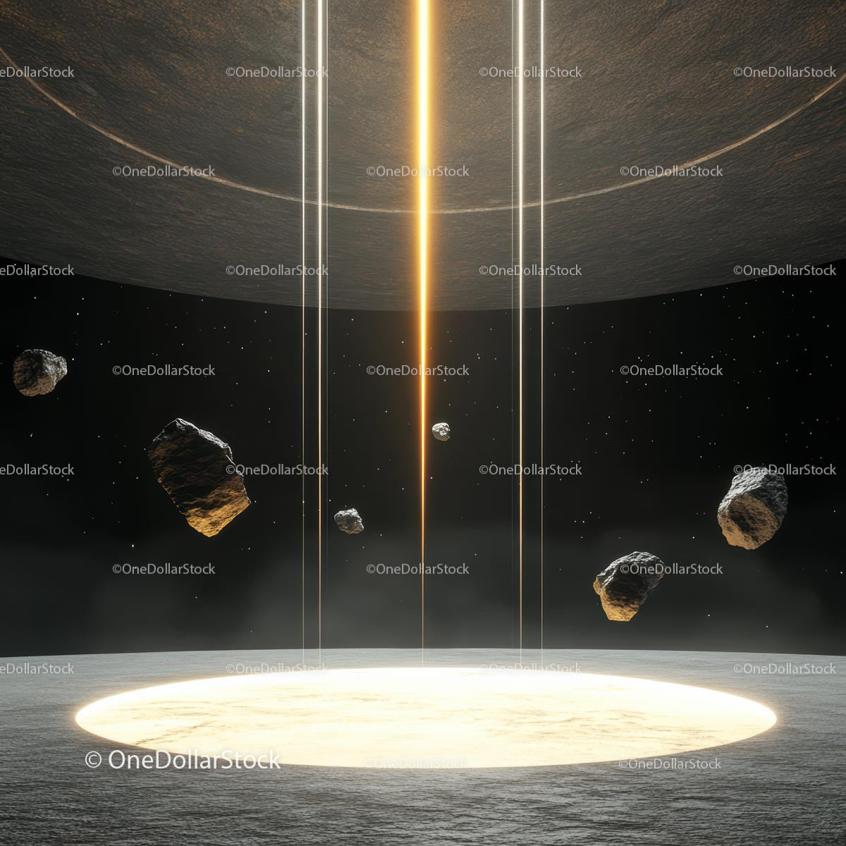 Futurystyczna scena kosmiczna z błyszczącym światłem i asteroidami
