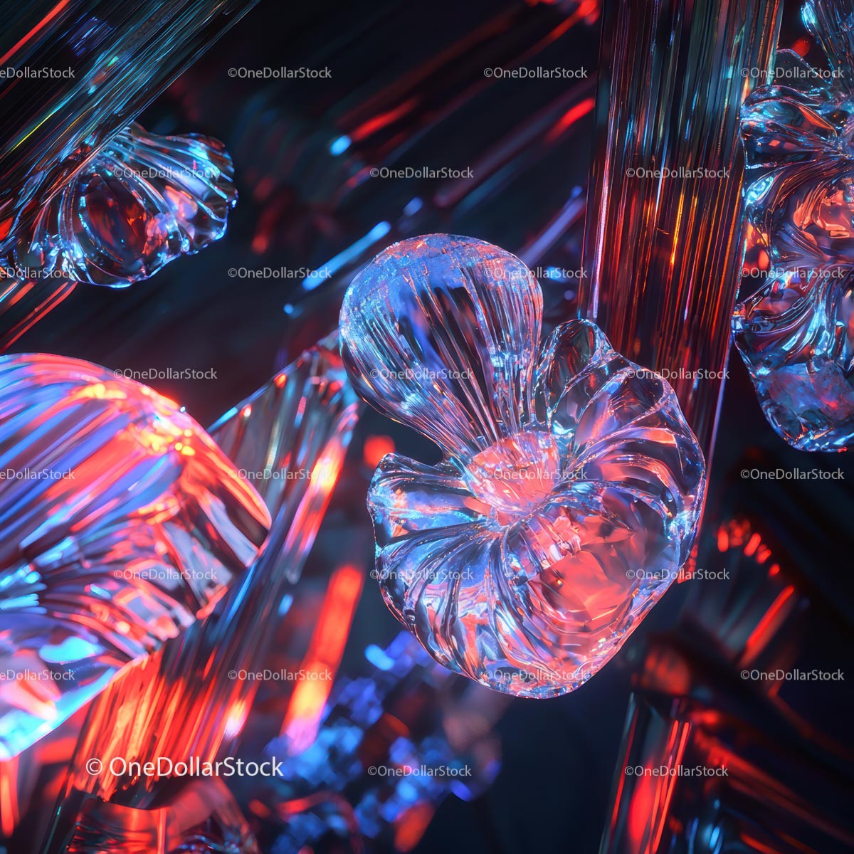 Kolorowa abstrakcyjna szklana rzeźba z neonowymi refleksami