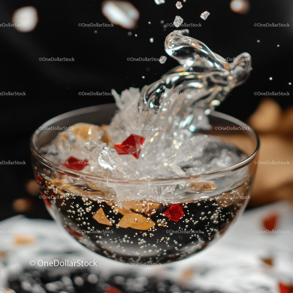 Dramatic Splash in Glass Bowl with Ice and Red Gems