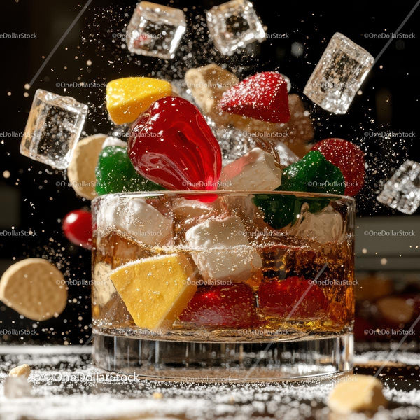 Vivid Splash of Gummy Candy in a Whiskey Glass