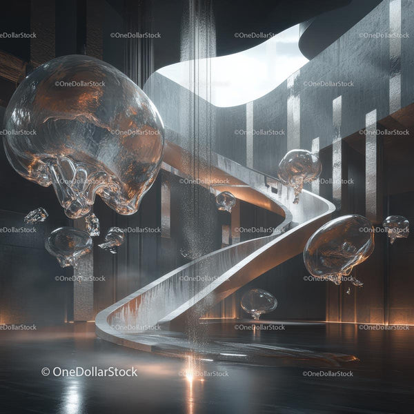 Futuristic Abstract Interior with Floating Glass Blobs