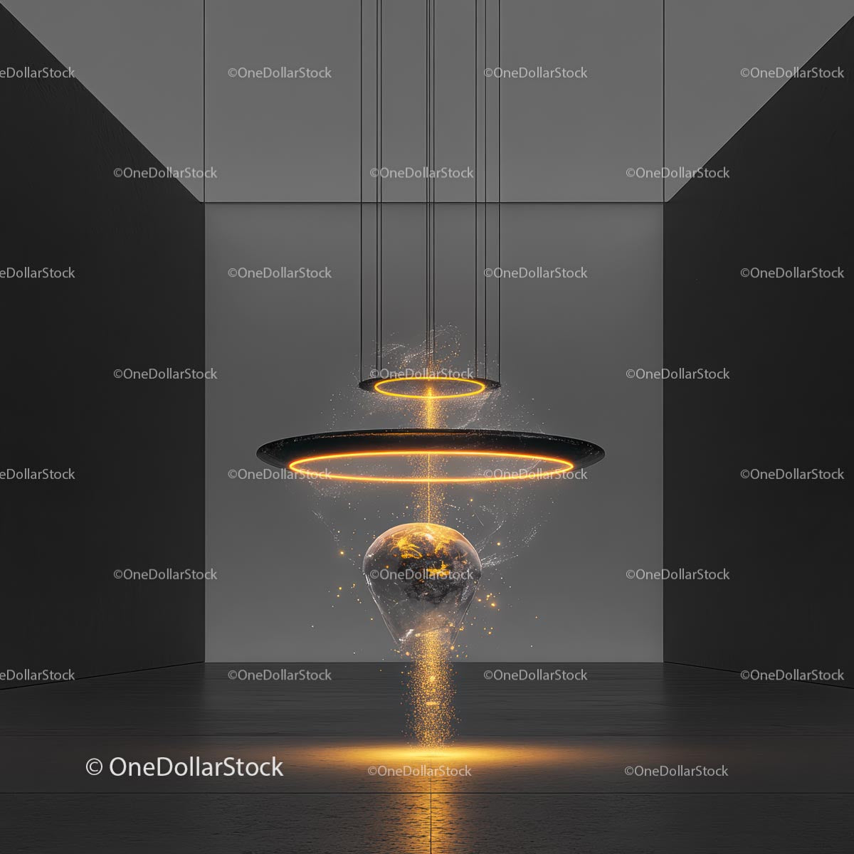 Futuristic Installation with Glowing Sphere and Geometric Design