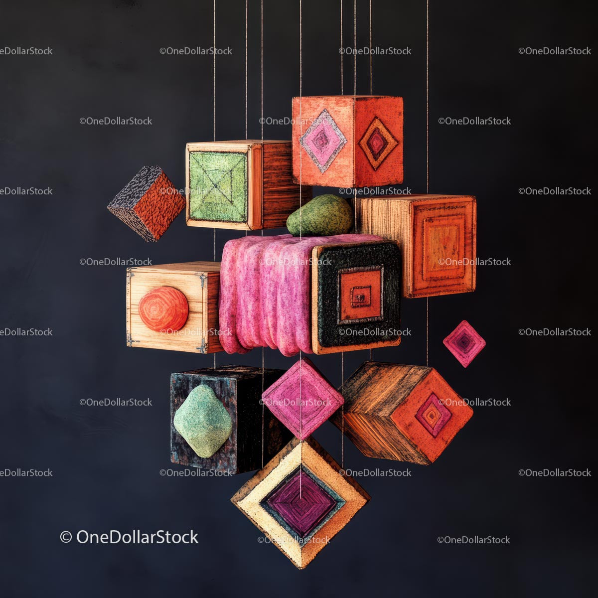 Colorful Geometric Hanging Sculpture with Vibrant Cubes
