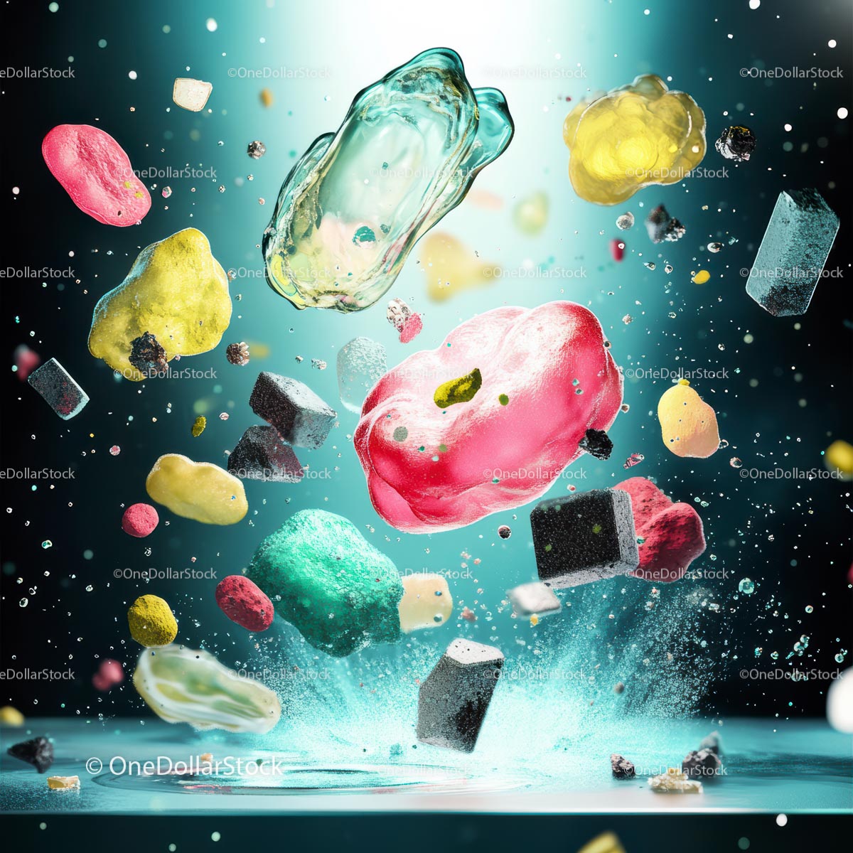 Floating Colorful Objects in Dynamic Artistic Explosion