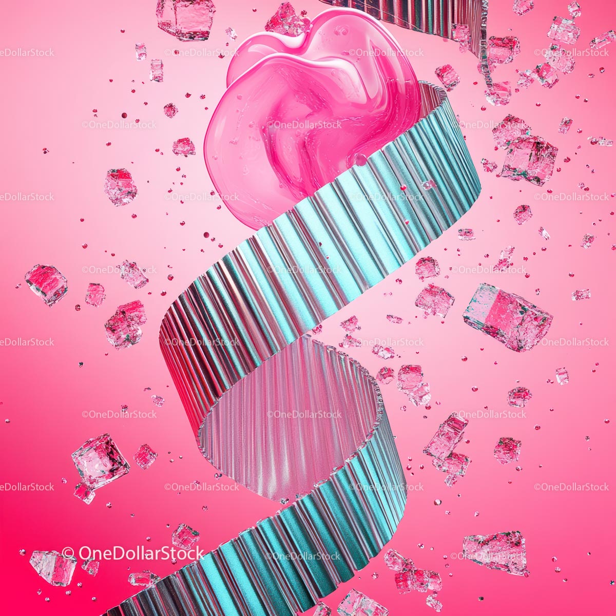 Futuristic Pink Spiral with Floating Ice Cubes