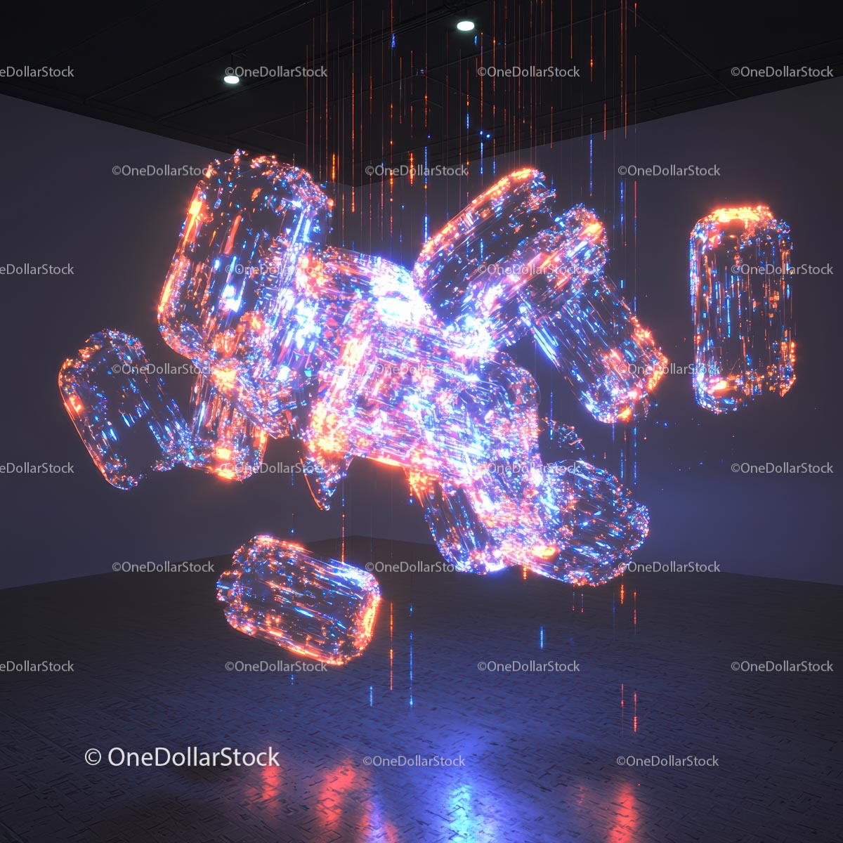 Futuristic Neon Light Installation in Dark Gallery
