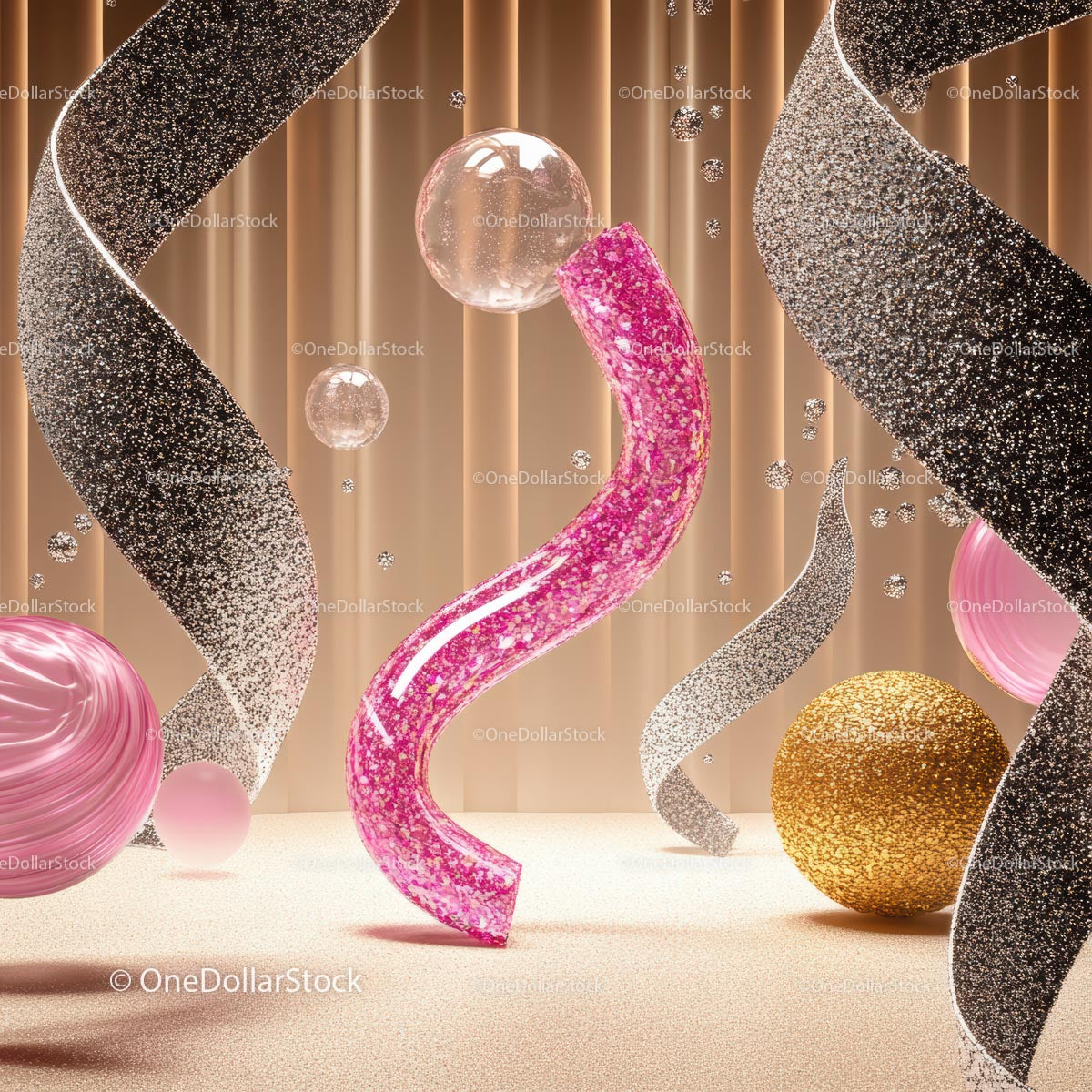 Vibrant Abstract Art with Shimmering Pink and Gold Elements