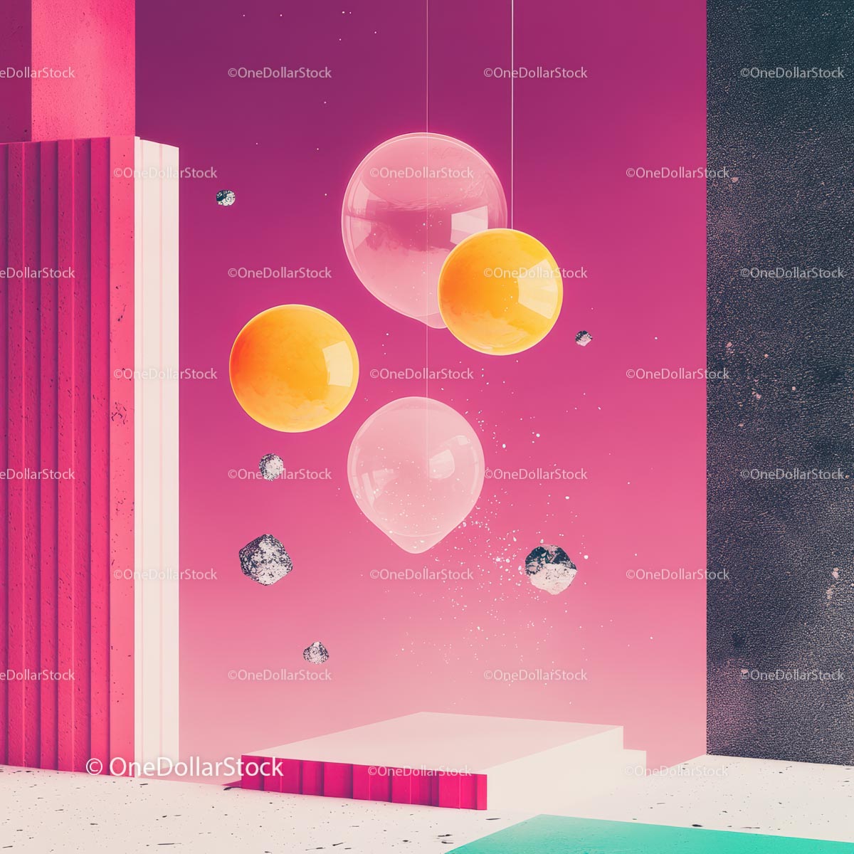 Vibrant Abstract Design with Floating Spheres on Pink Background