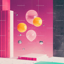Vibrant Abstract Design with Floating Spheres on Pink Background