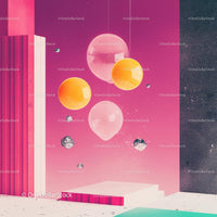 Vibrant Abstract Design with Floating Spheres on Pink Background