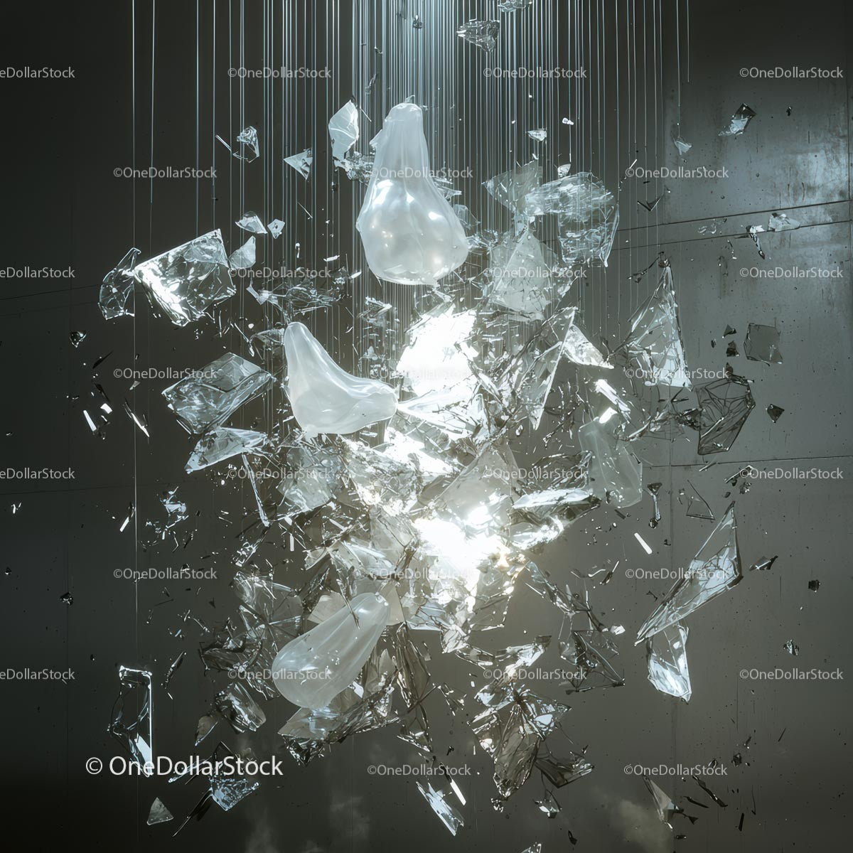 Suspended Shards of Broken Glass Reflecting Light