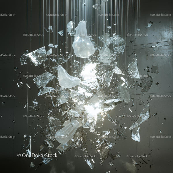 Suspended Shards of Broken Glass Reflecting Light