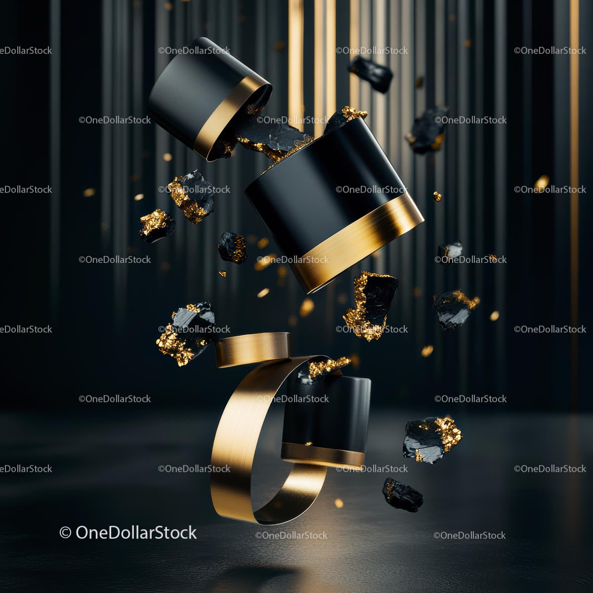 Sleek Black and Gold Abstract Design with Floating Elements