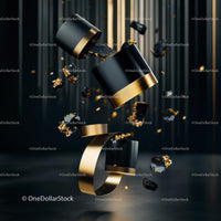 Sleek Black and Gold Abstract Design with Floating Elements
