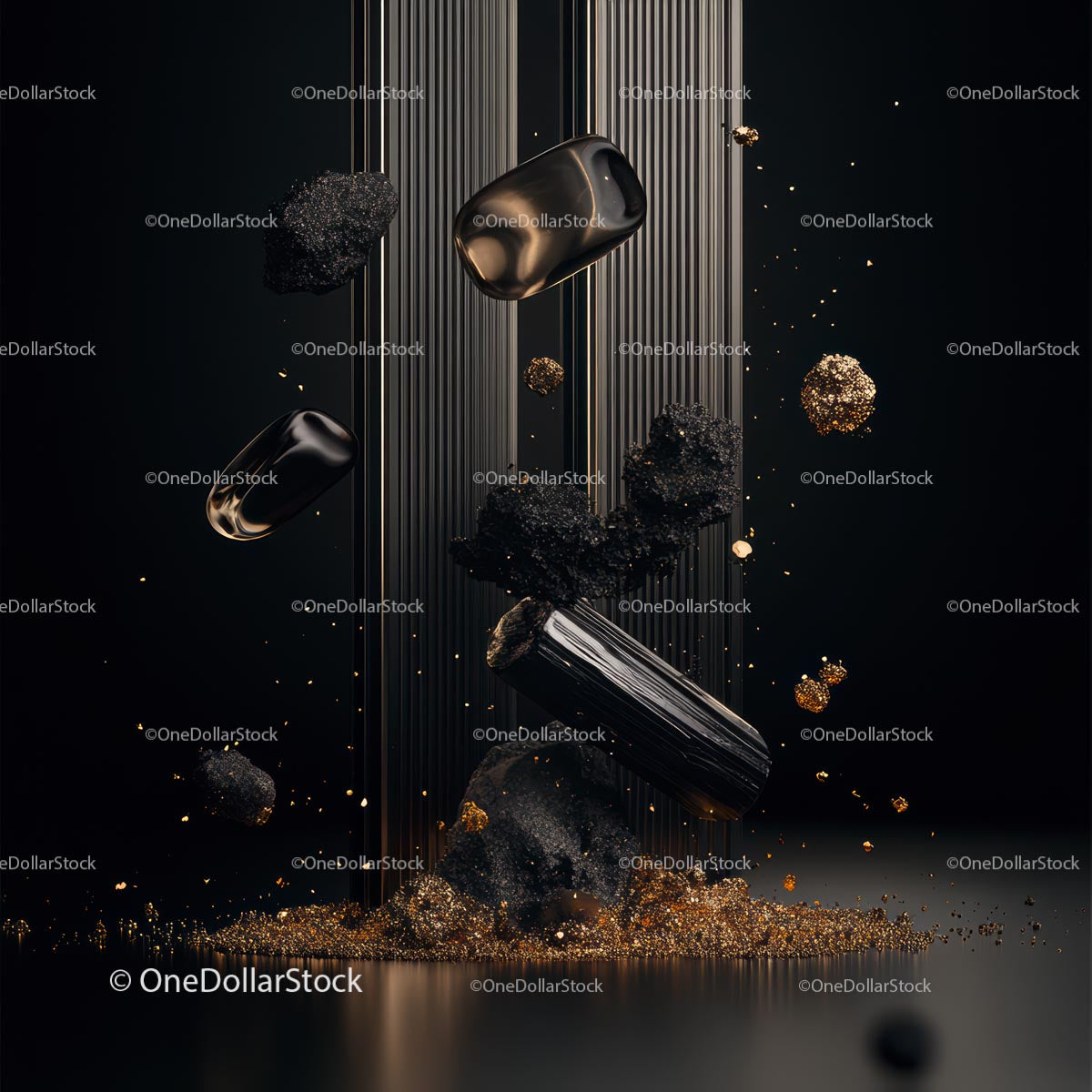 Luxurious Abstract Composition with Floating Black Stones