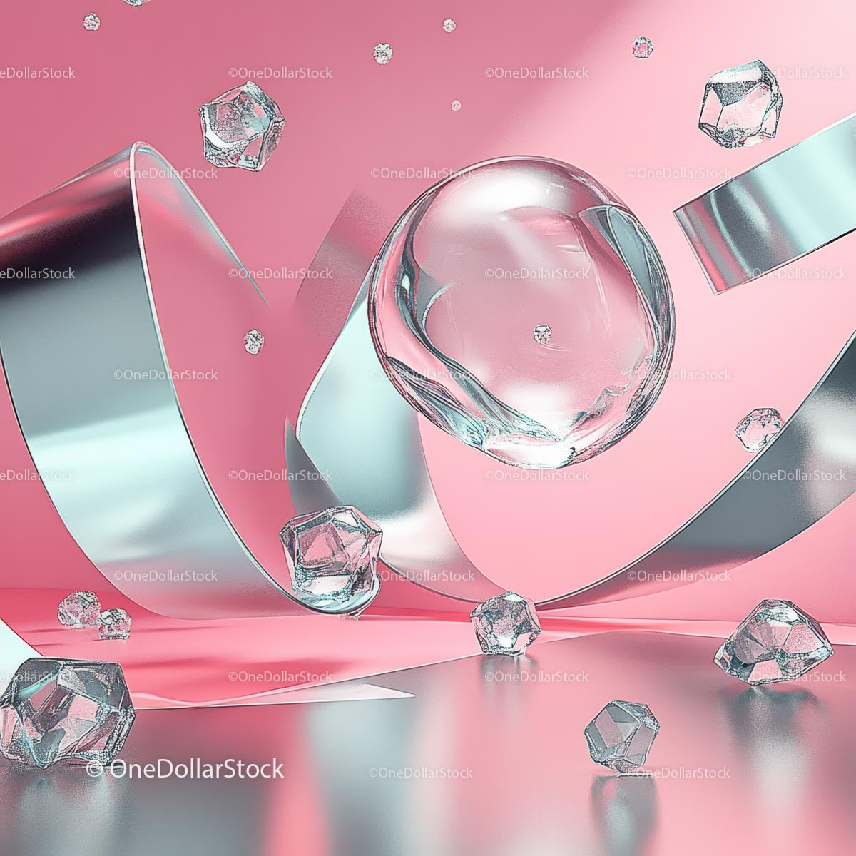 Futuristic Metallic and Glass Composition on Pink Background
