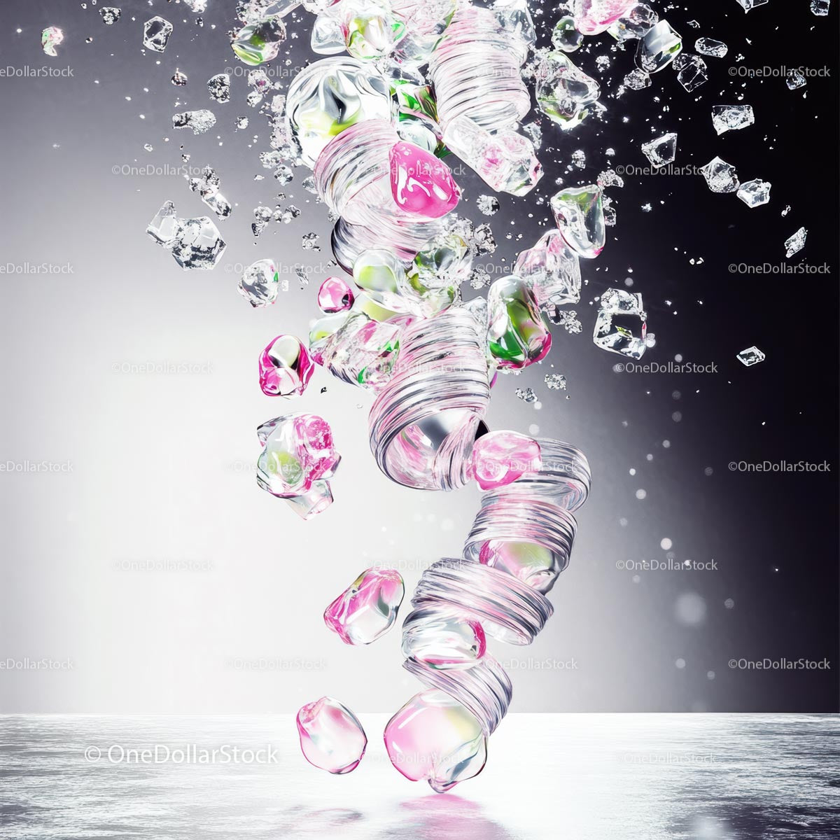 Surreal Spiral Composition with Floating Glass Cubes
