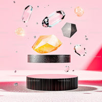 Colorful Gemstones Floating Against Pink Background