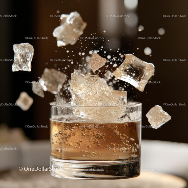 Whisky Splash with Ice Cubes Flying in Motion