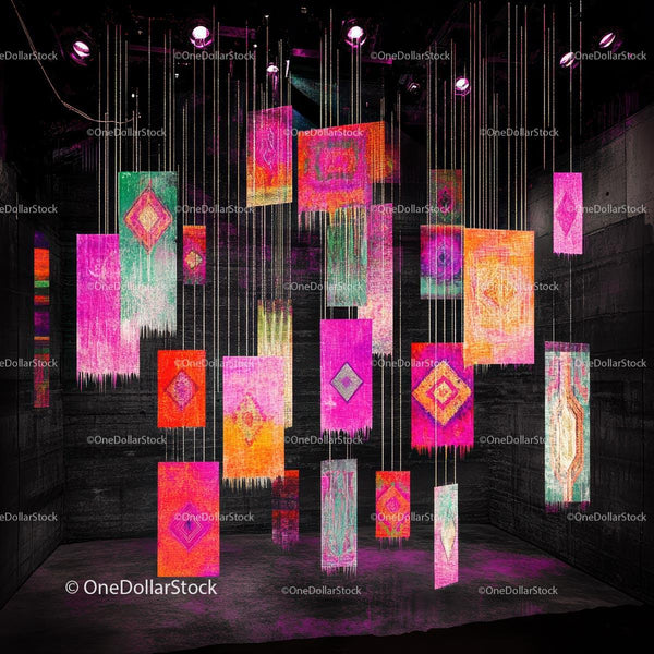 Vibrant Textile Installation with Abstract Shapes