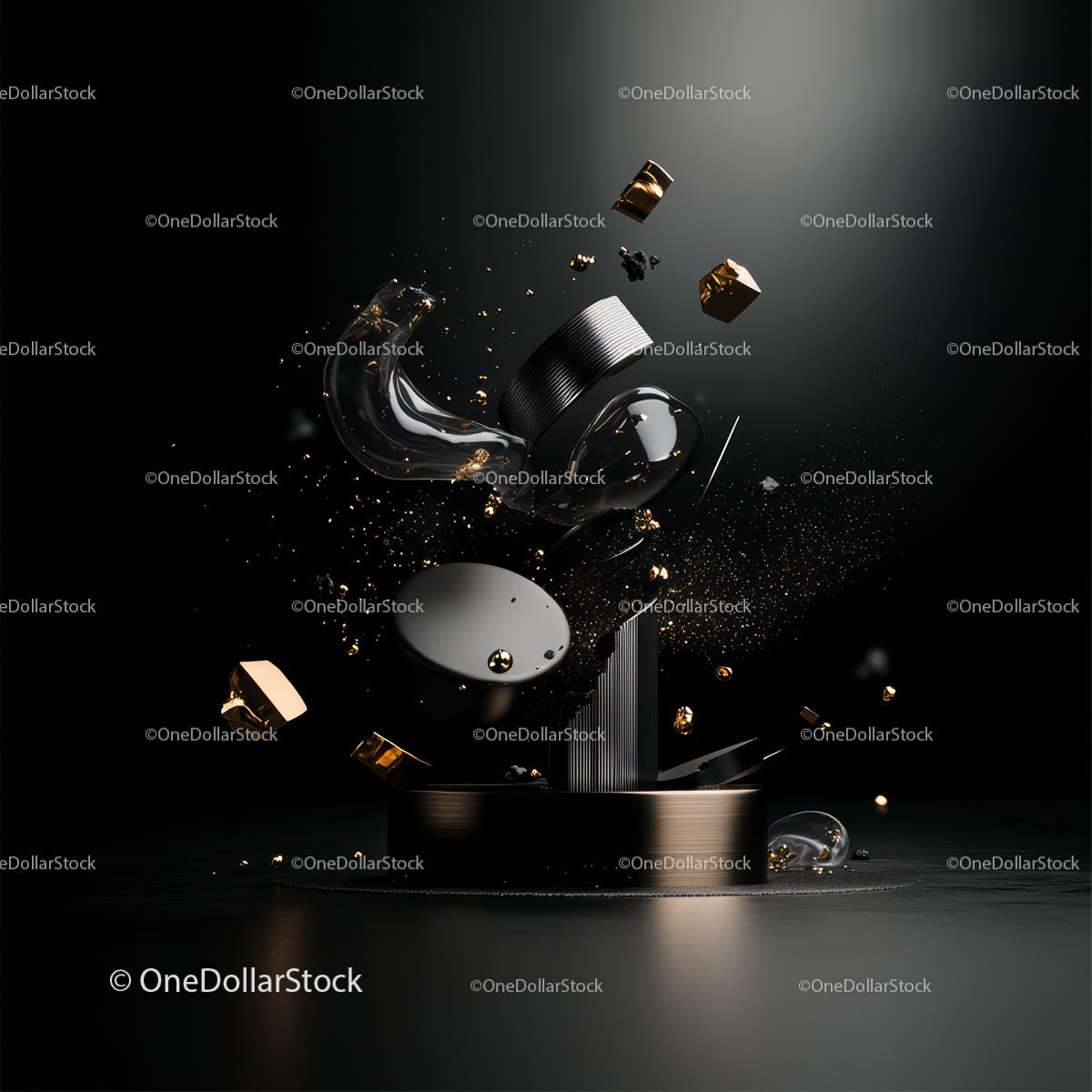 Futuristic Metallic Elements Floating on Dark Background
