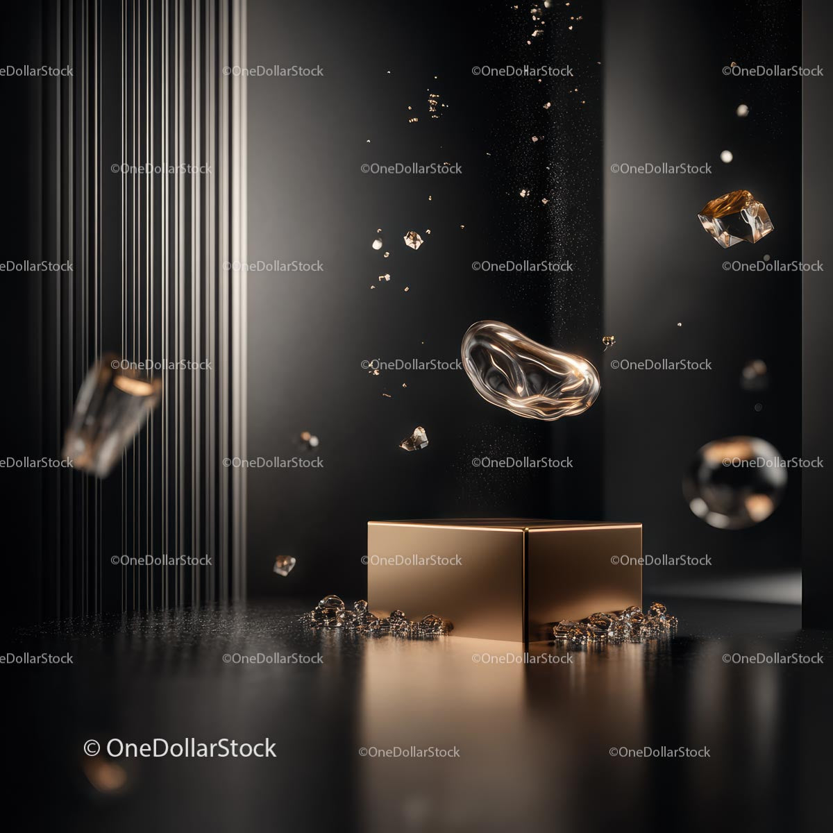 Futuristic Black and Gold Abstract Design with Floating Elements