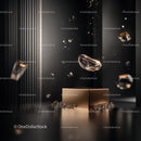Futuristic Black and Gold Abstract Design with Floating Elements