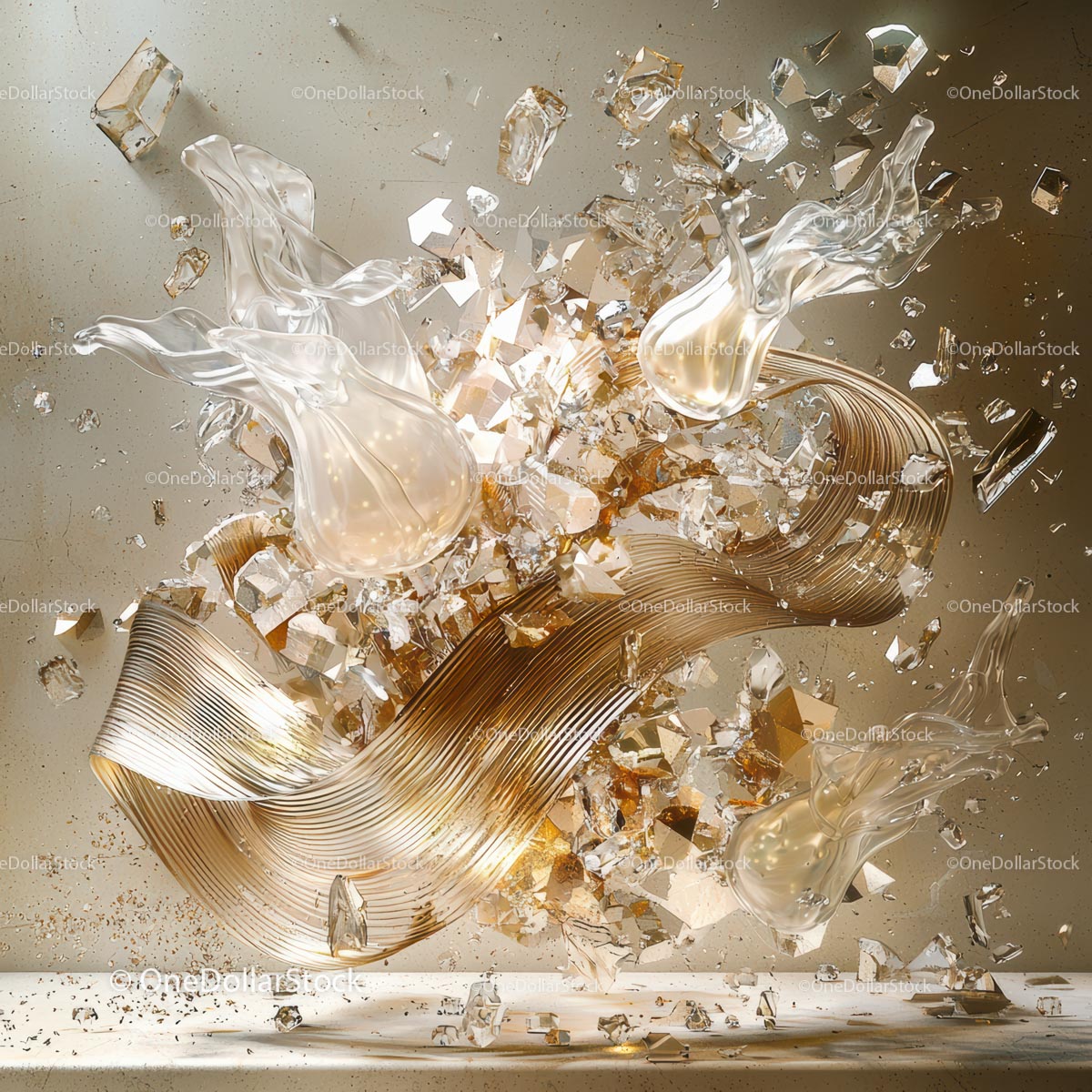 Golden Fluidity Amidst Shattered Glass and Light