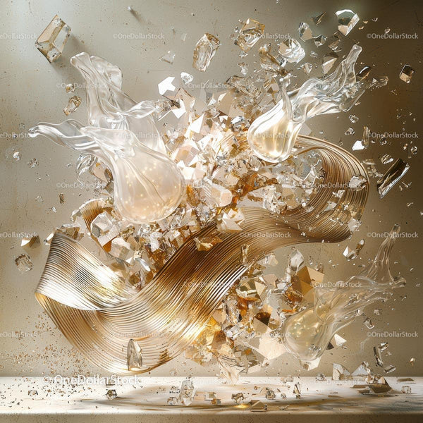 Golden Fluidity Amidst Shattered Glass and Light