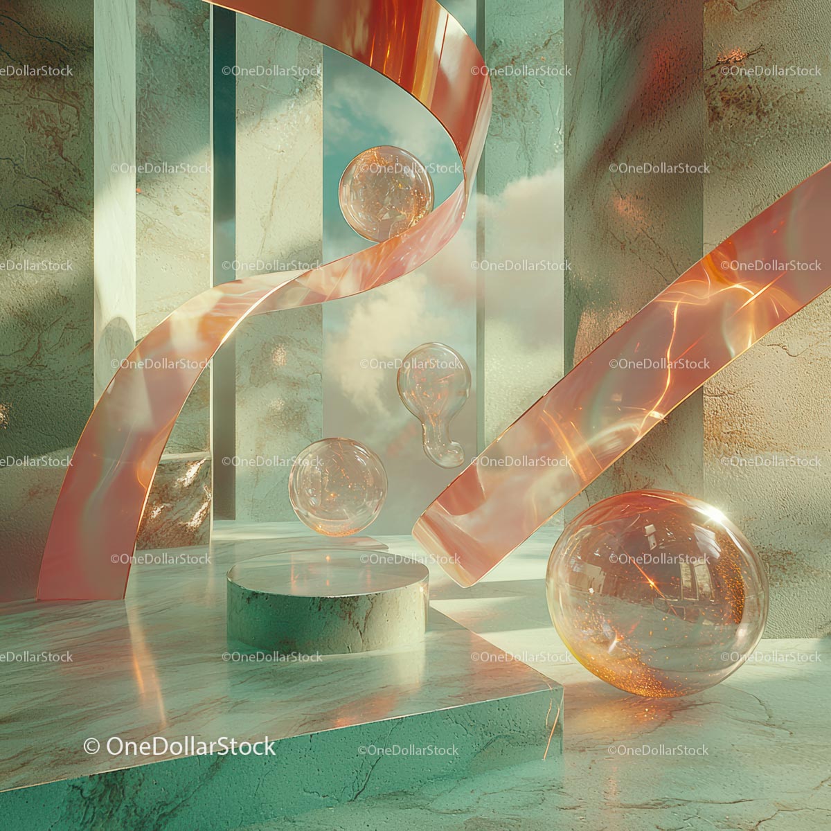 Surreal 3D Scene with Glass Spheres and Twisted Ribbons
