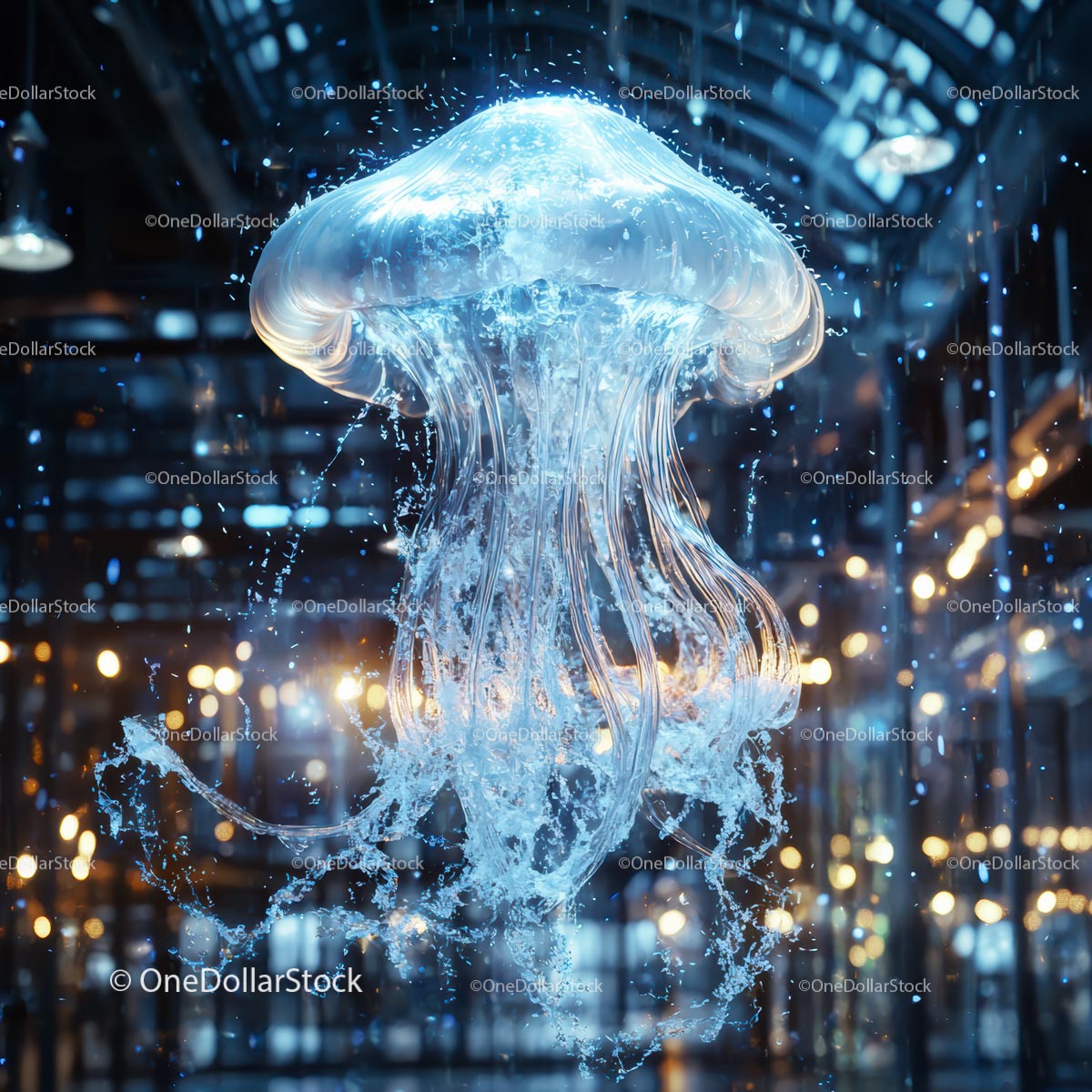 Bioluminescent Jellyfish in Futuristic Water Splash Display
