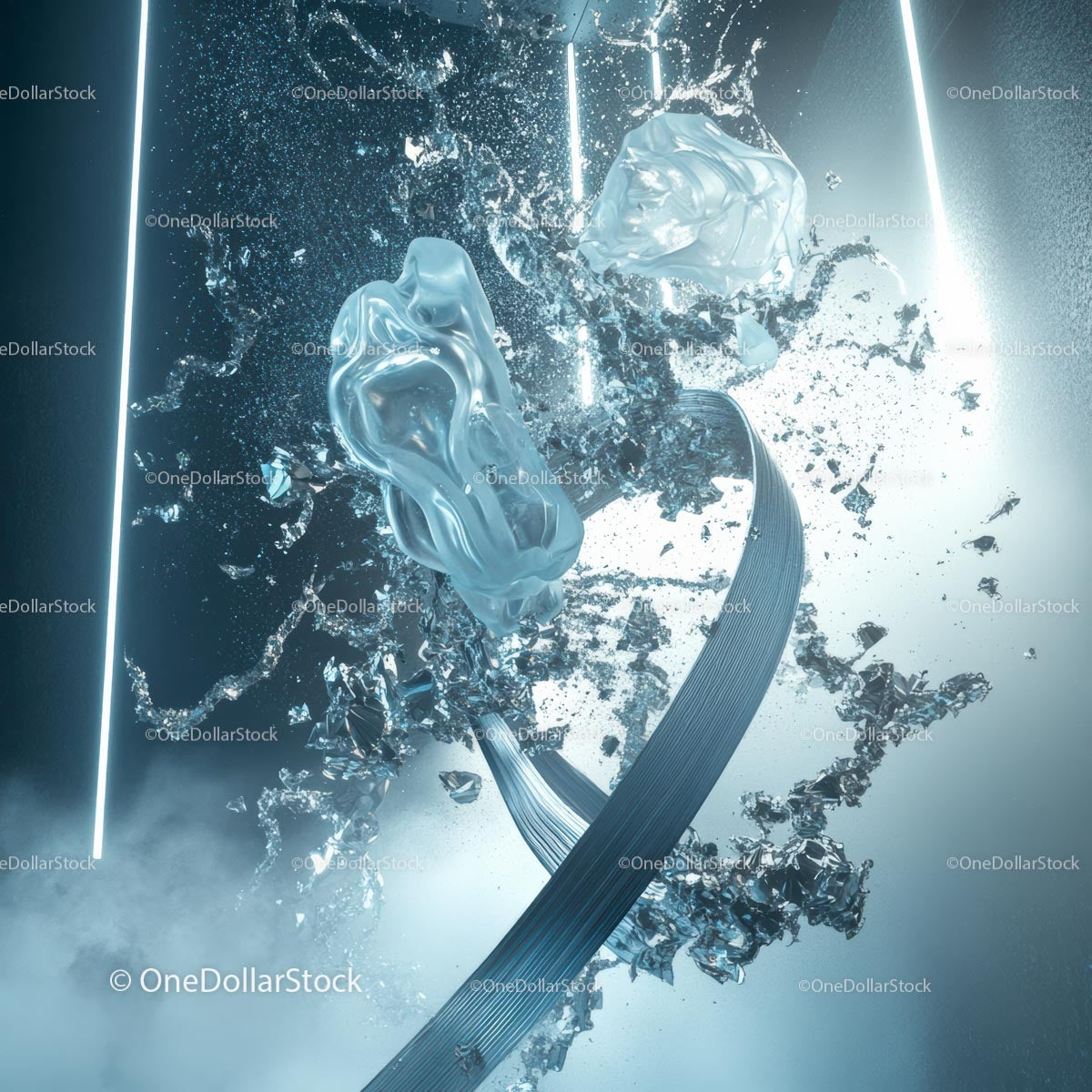 Futuristic Abstract with Blue Liquid and Metallic Fragments