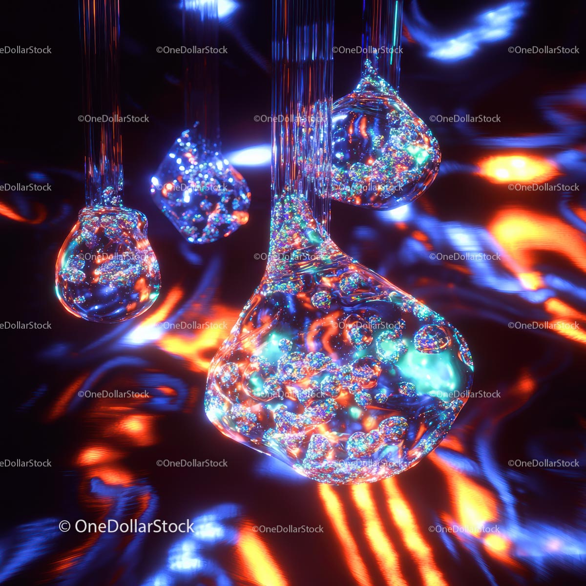 Glowing Abstract Glass Droplets with Vibrant Reflections