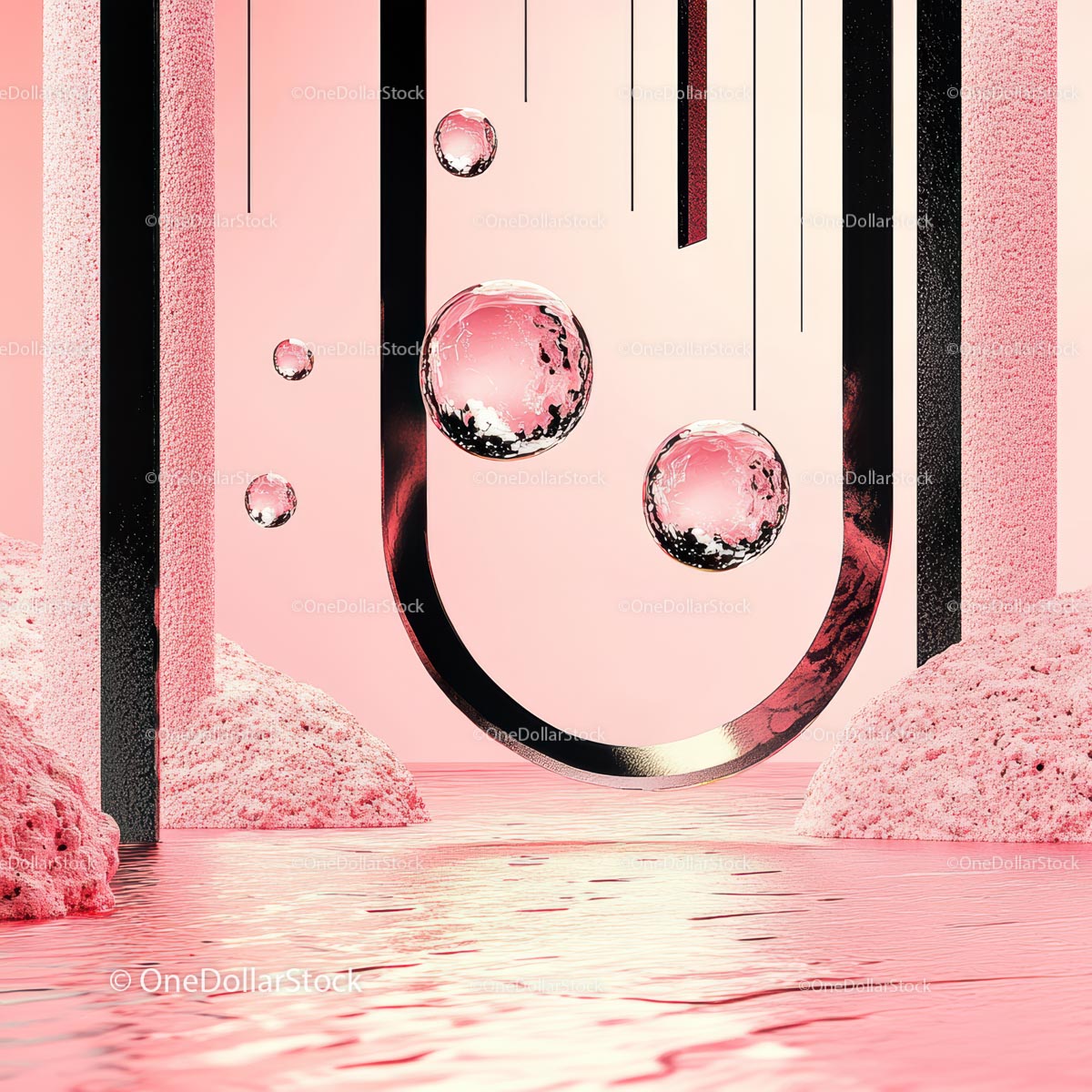 Surreal Pink and Black Abstract with Floating Bubbles