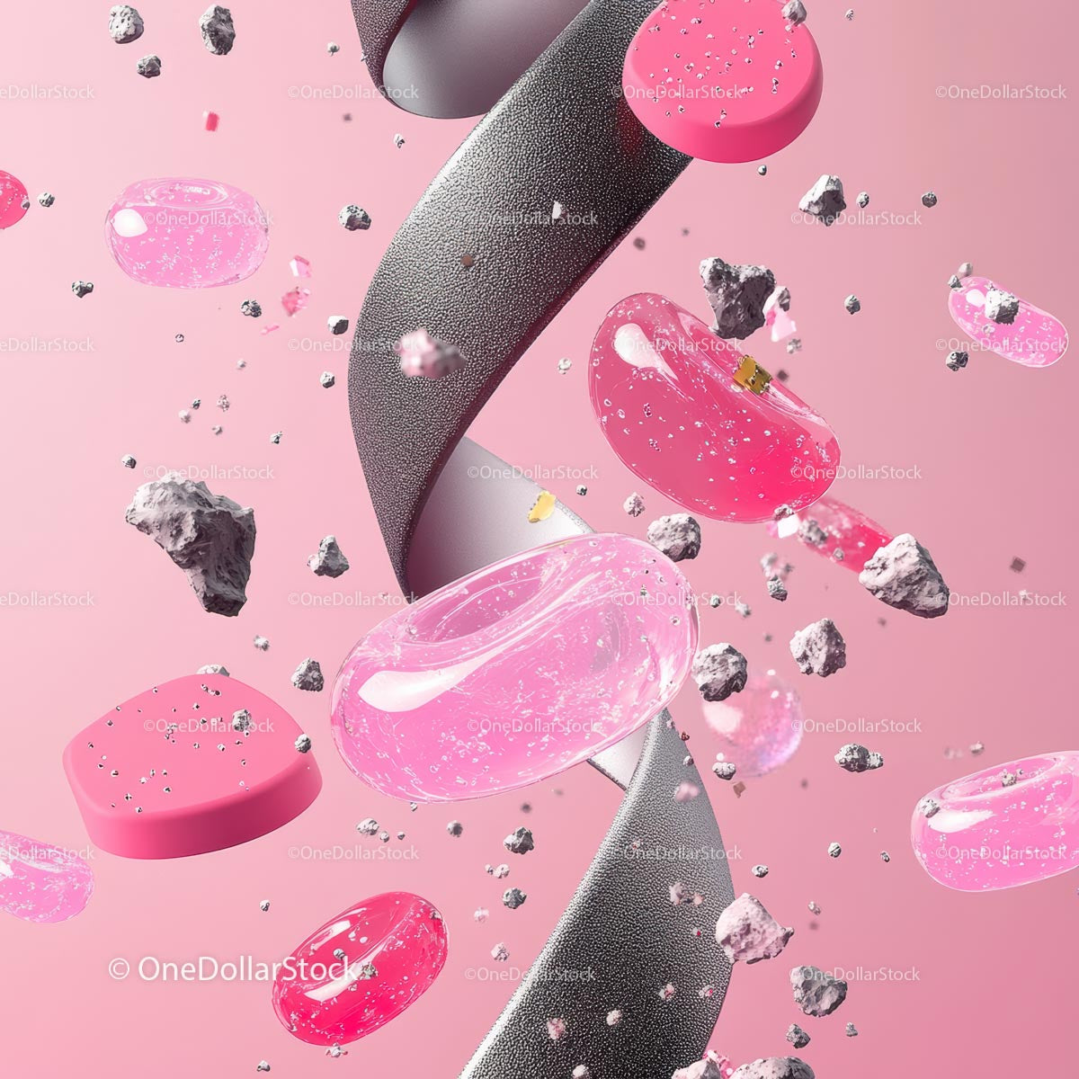 Abstract Pink and Gray 3D Art with Floating Elements