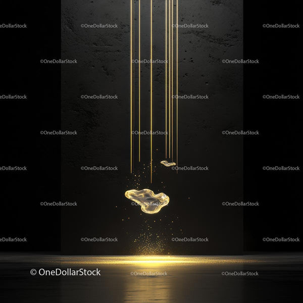 Golden Light Streams and Floating Drops on Dark Background