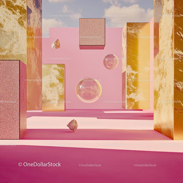 Surreal Pink and Gold Geometric Landscape