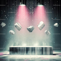 Surrealistic Scene with Floating Rocks and Pink Spotlight