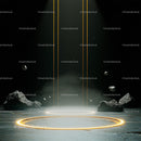 Futuristic Scene with Glowing Circle and Space Rocks