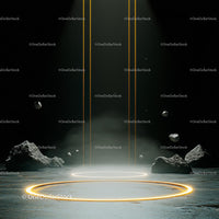 Futuristic Scene with Glowing Circle and Space Rocks