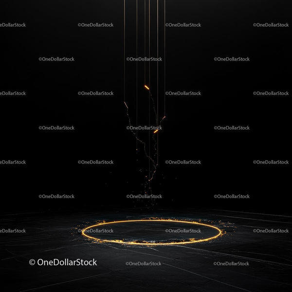 Glowing Circle in Dark Room with Golden Light Trails