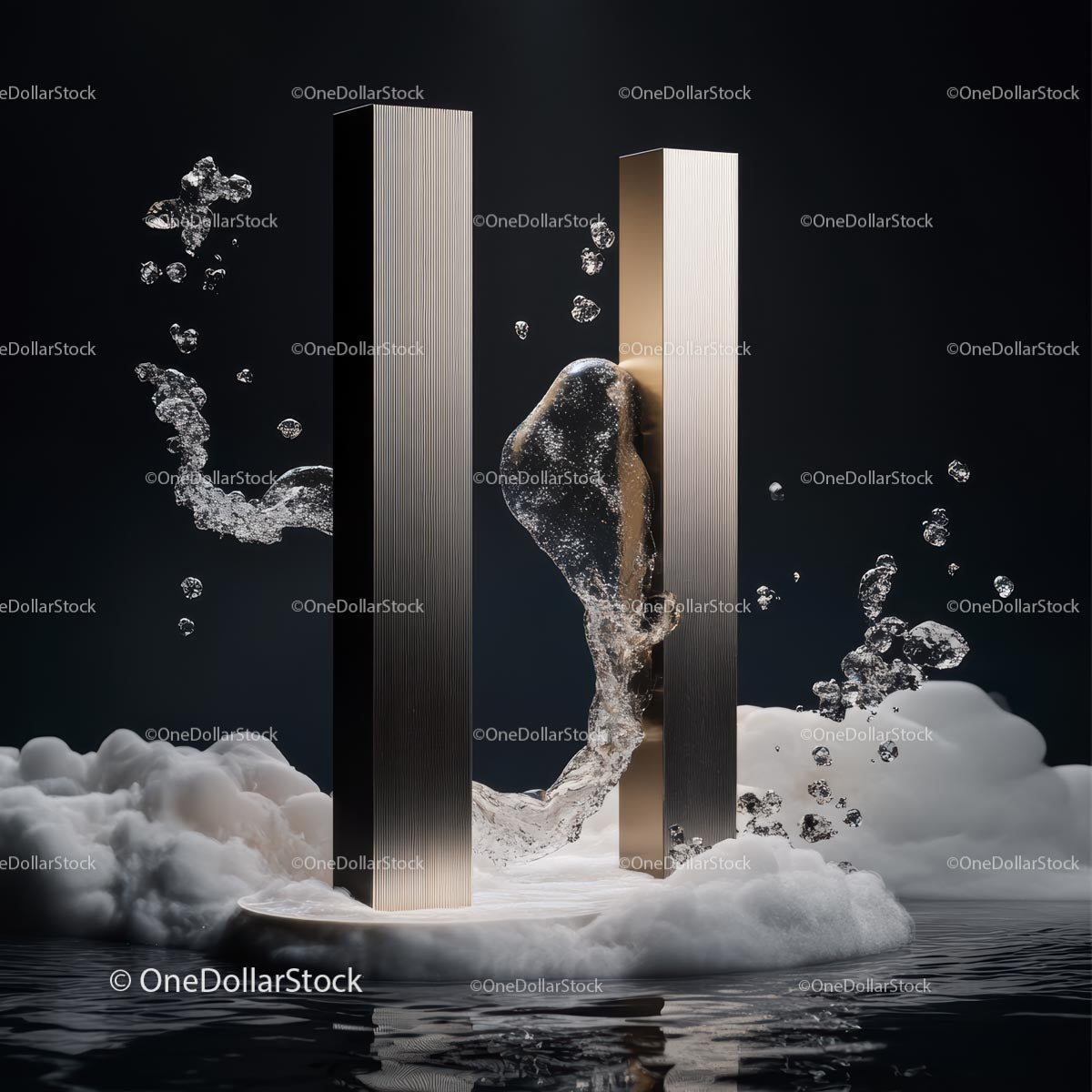 Elegant Metallic Pillars with Dynamic Water Splash