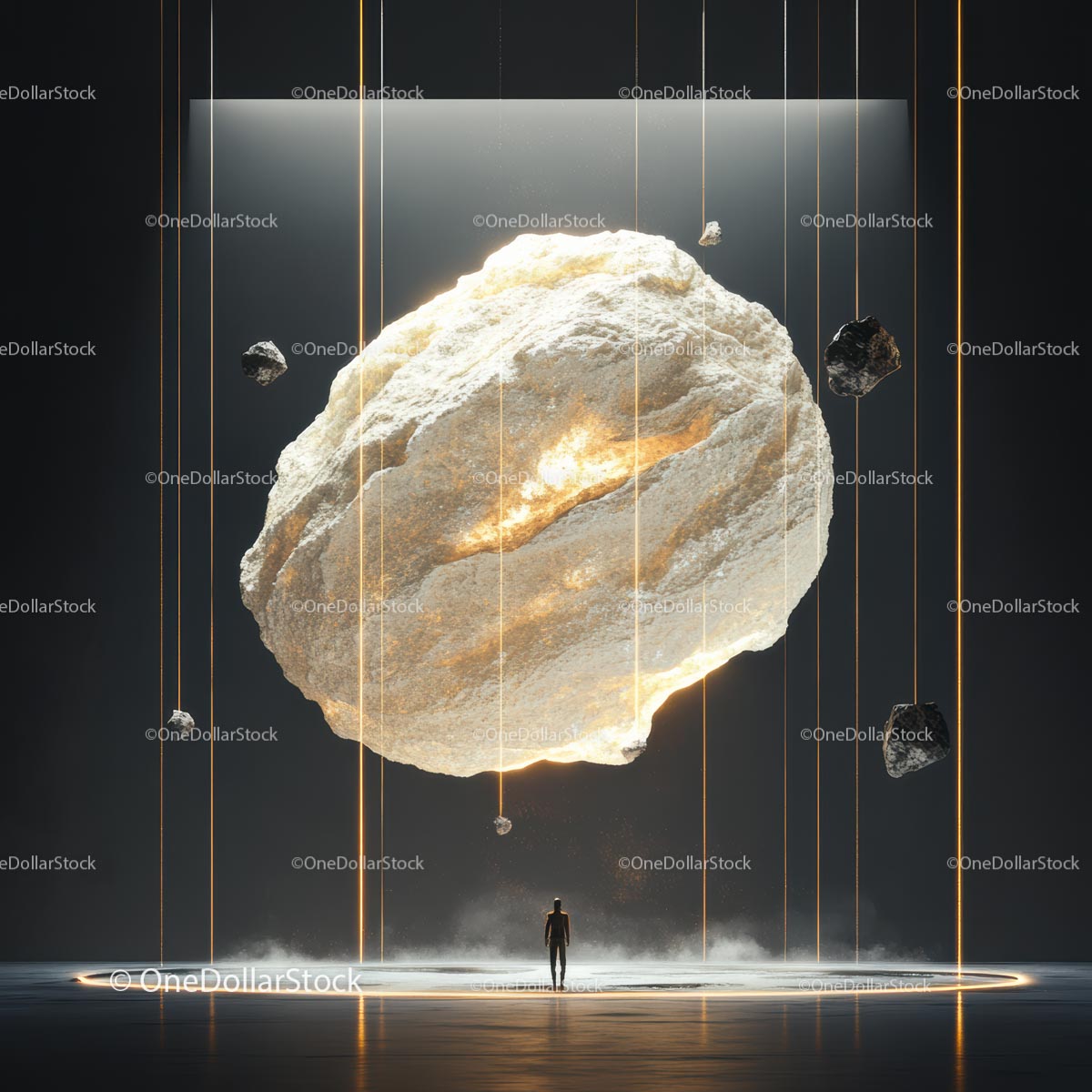 Futuristic Scene with Glowing Rock and Human Silhouette
