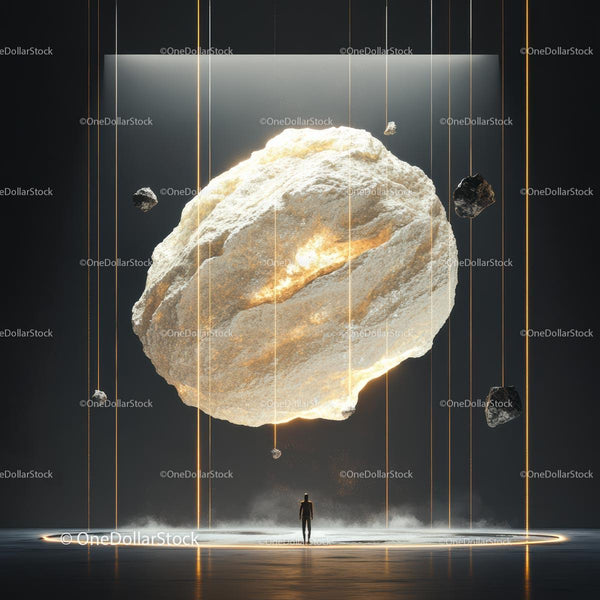 Futuristic Scene with Glowing Rock and Human Silhouette