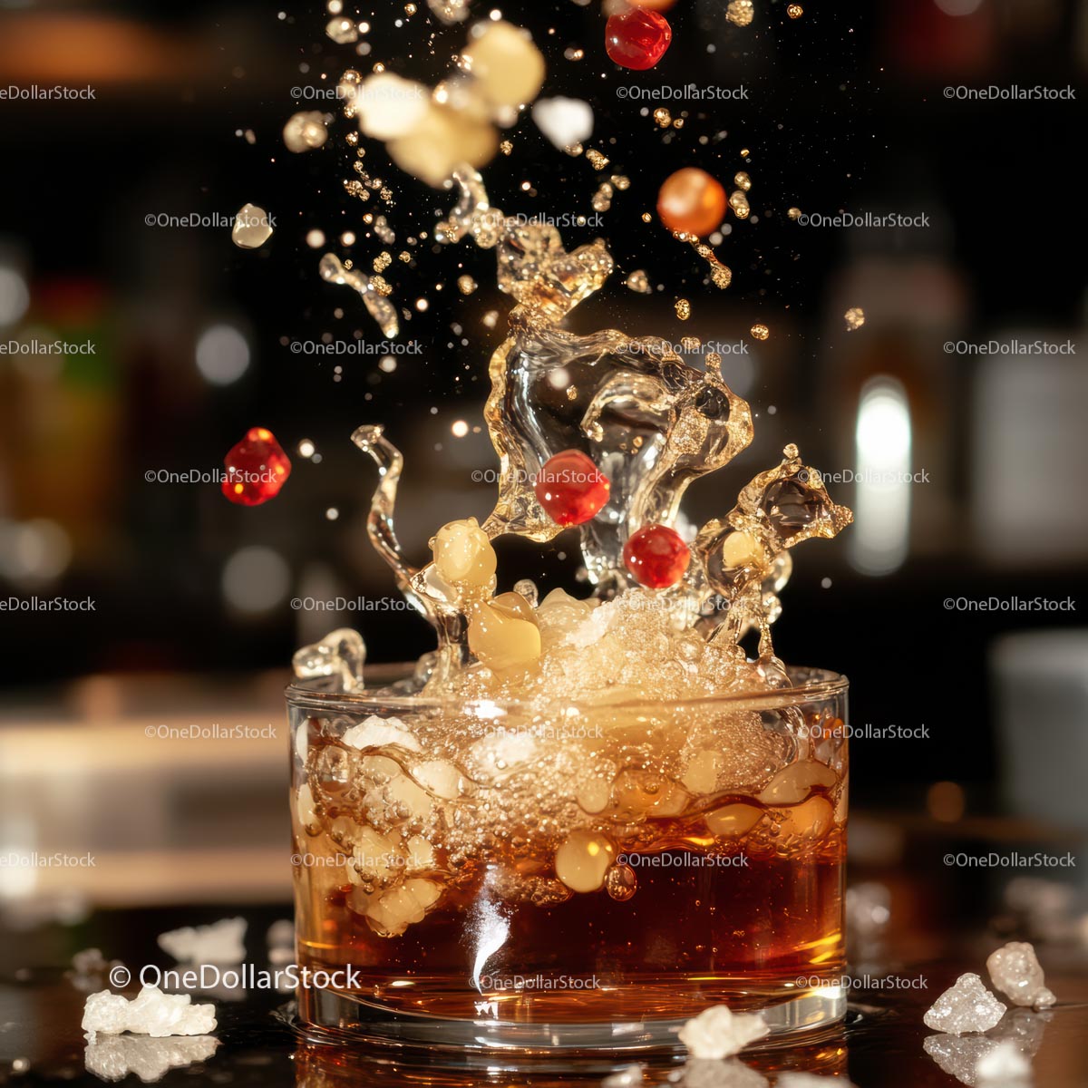 Whiskey Splash with Ice and Garnishes in Motion