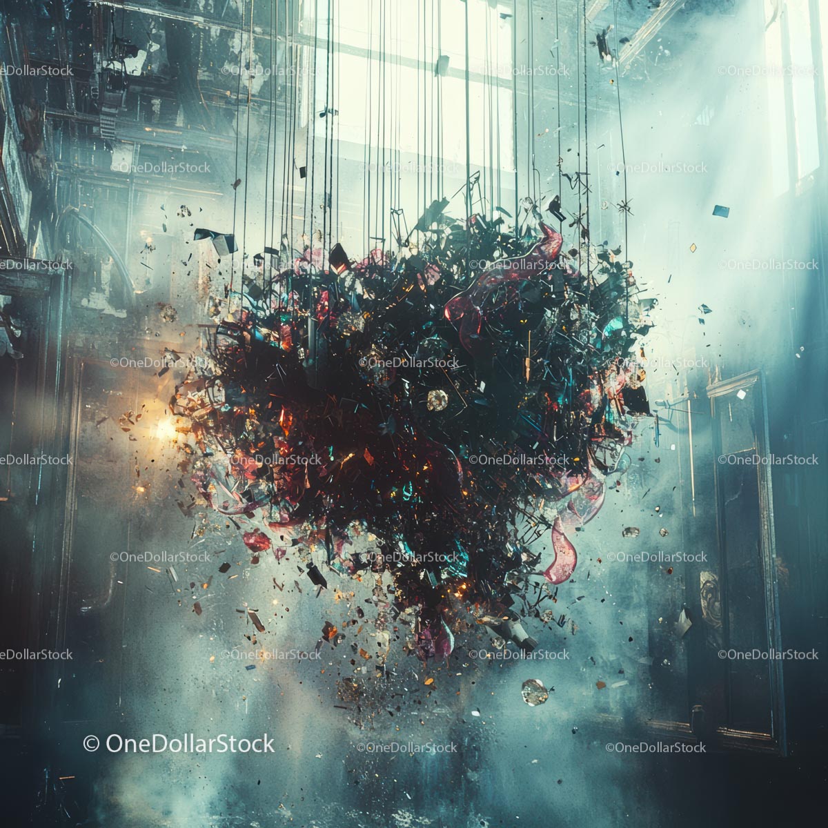 Dynamic Explosion of Colorful Debris in Industrial Setting