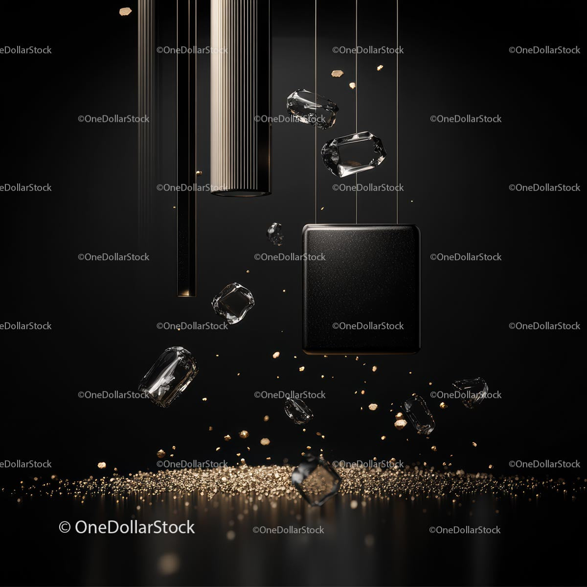 Floating Cubes and Gold Particles in Elegant Abstract Design