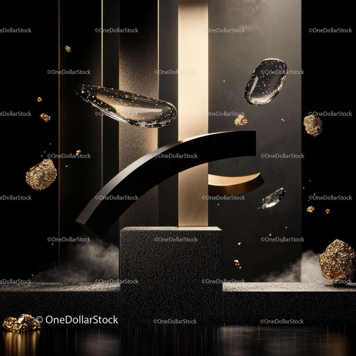 Abstract Gold and Black Sculpture with Floating Elements