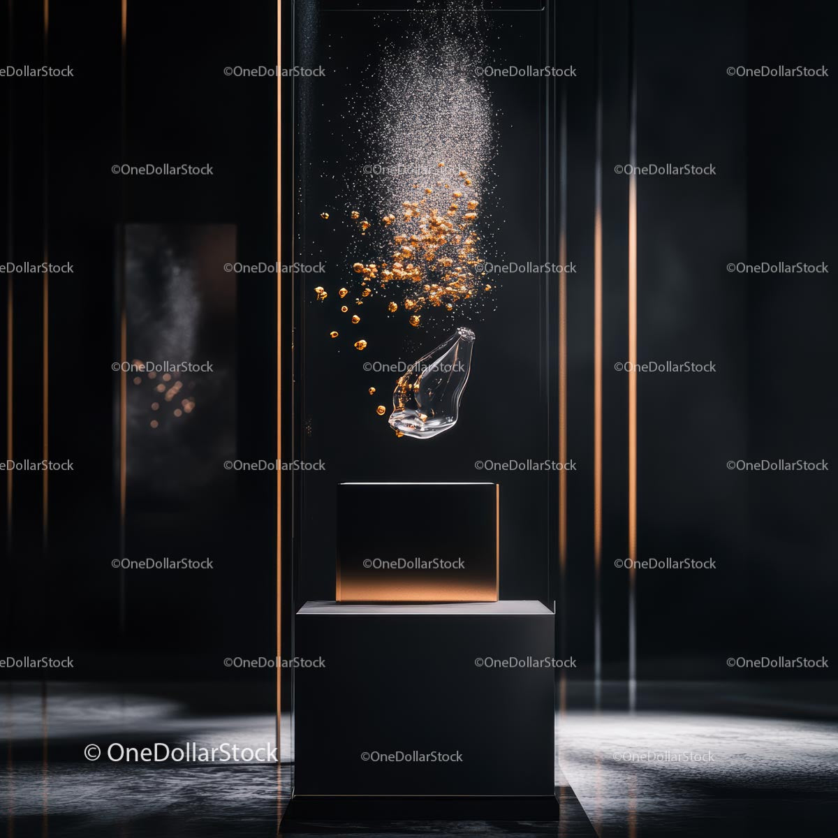 Elegant Perfume Display with Golden Particles