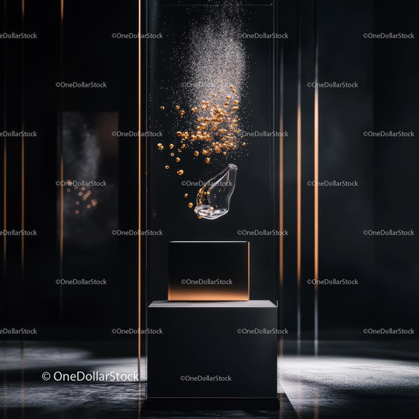 Elegant Perfume Display with Golden Particles